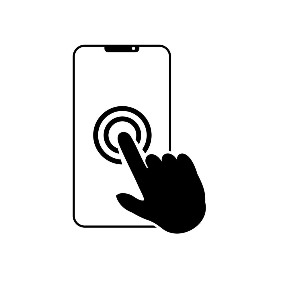 icona dello smartphone touch screen della mano. clicca sullo smartphone. icona vettore