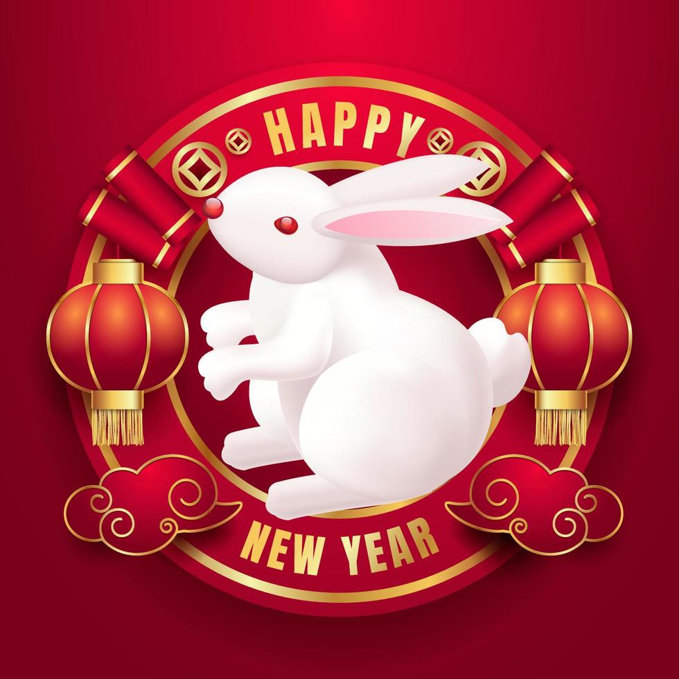 L'anno del coniglio. modello di biglietto di auguri 2023 con coniglio bianco lanterna cinese e nuvola. illustrazioni vettoriali segno zodiacale animale selvatico. icona dell'elemento di design astratto. concetto di oroscopo