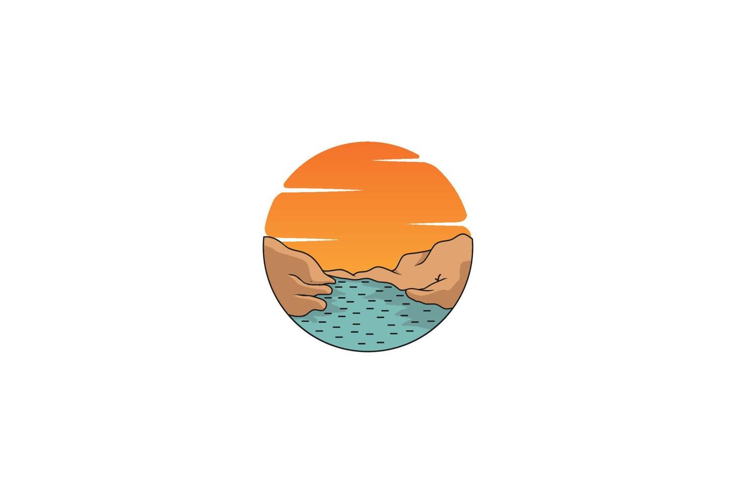 cerchio circolare tramonto alba valle fiume torrente lago diga logo design vettore