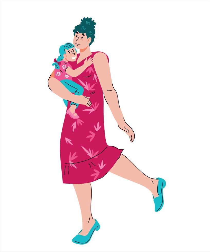ritratto a figura intera in piedi di madre con bambino sulle mani, illustrazione vettoriale cartone animato isolata su sfondo bianco. giovane famiglia sorridente felice di madre e bambina.