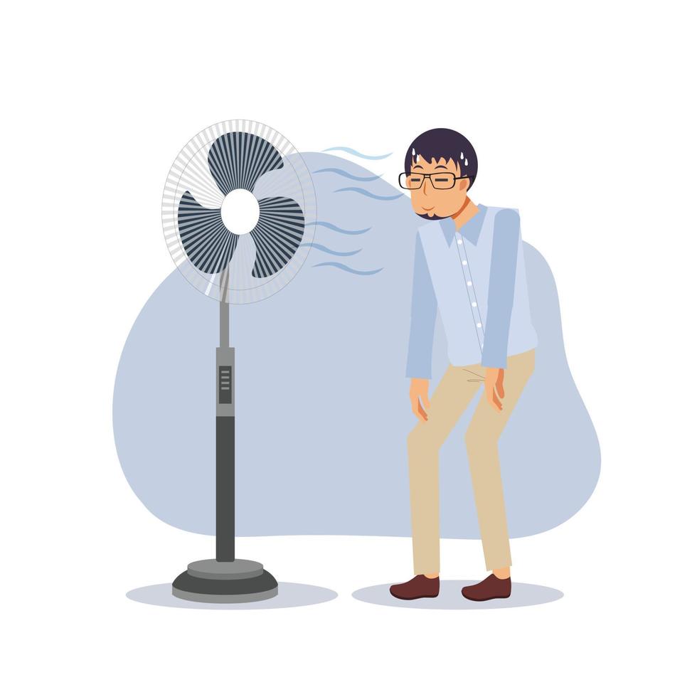 un uomo davanti a un ventilatore elettrico nelle calde giornate estive.un uomo raffredda i suoi corpi davanti al ventilatore.illustrazione del fumetto vettoriale piatto.