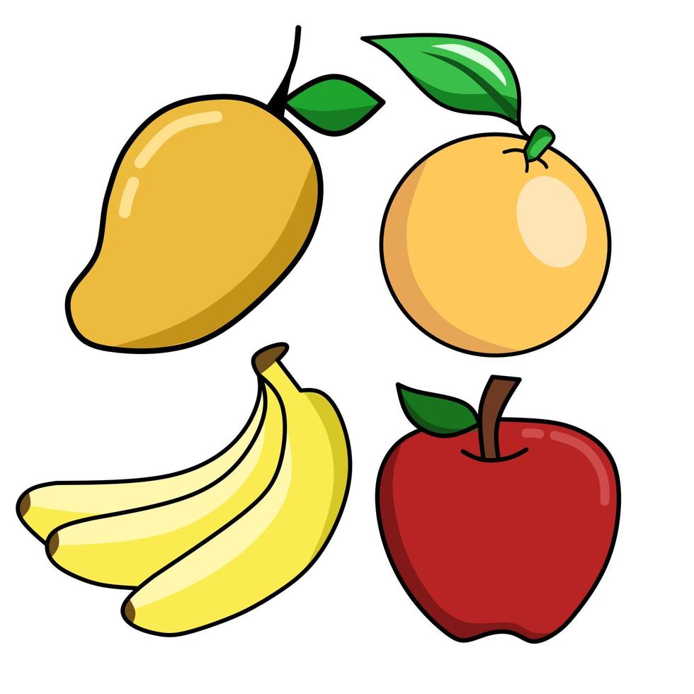 frutta simpatico cartone animato. arancia e banana, mela e mango. per adesivo o icona. illustrazione vettoriale imposta tratto modificabile.