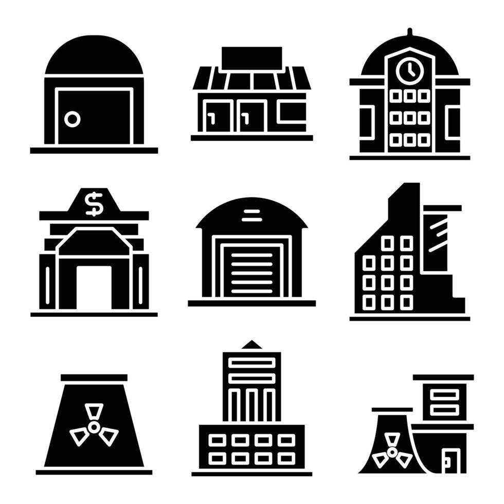 set di icone di banca, centrale nucleare e edificio per uffici vettore