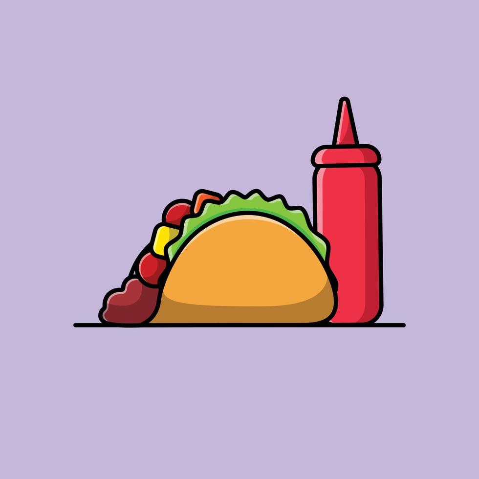 taco con illustrazione dell'icona di vettore del fumetto della bottiglia di salsa. cibo icona concetto isolato premium vettore. stile cartone animato piatto