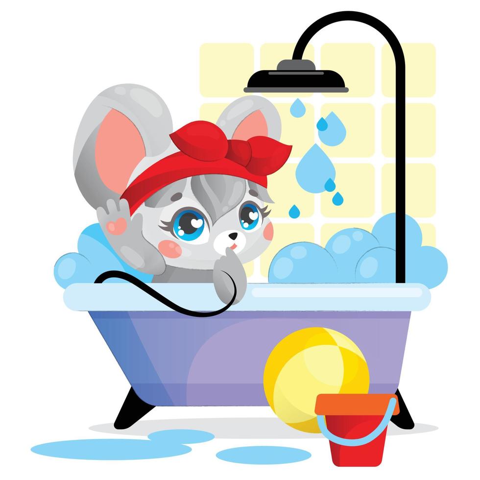 un simpatico topolino siede in una vasca da bagno, intorno a una pozza d'acqua e giocattoli. studiare la routine quotidiana per i bambini. vettore