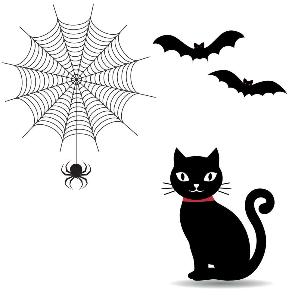 illustrazione di un gatto nero con ragnatele e pipistrelli vettore