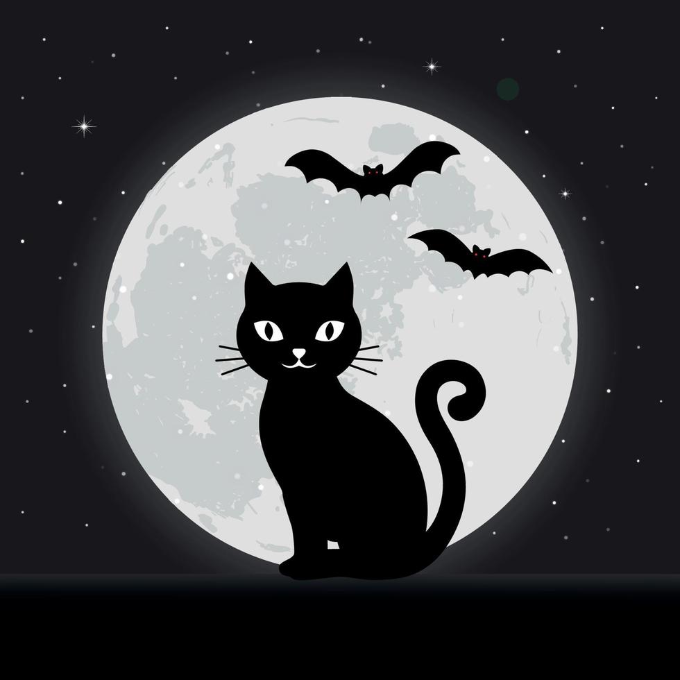 gatto nero su uno sfondo di cielo notturno con stelle e luna vettore