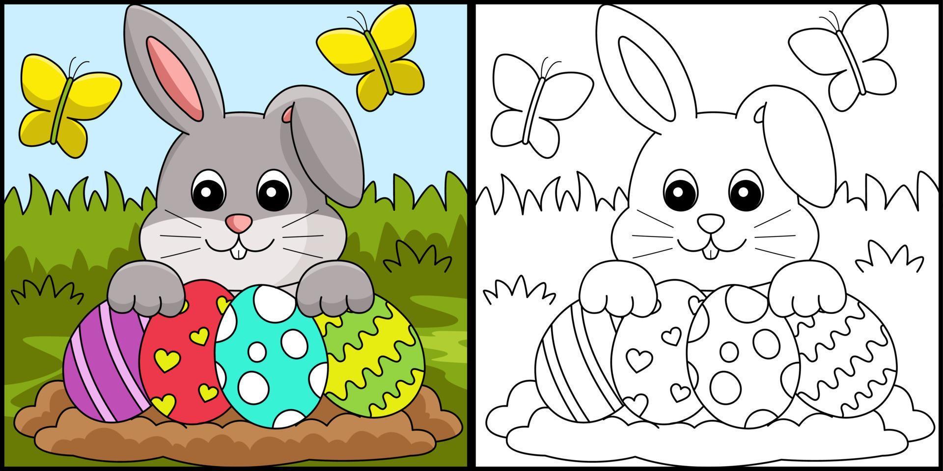 coniglio che raccoglie l'illustrazione di coloritura dell'uovo di pasqua vettore