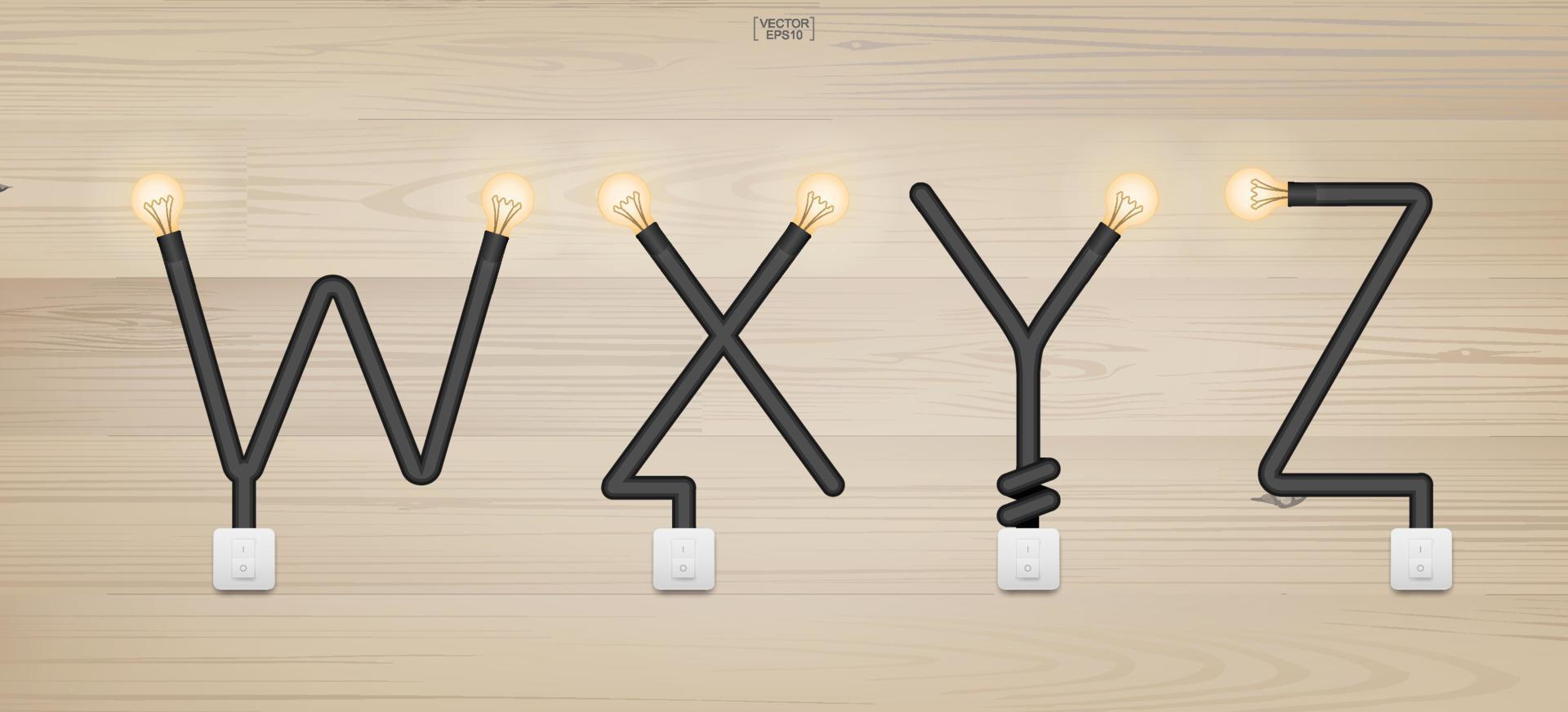 w,x,y,z - set di lettere dell'alfabeto loft. alfabeto astratto della lampadina e dell'interruttore della luce su fondo di legno. vettore. vettore