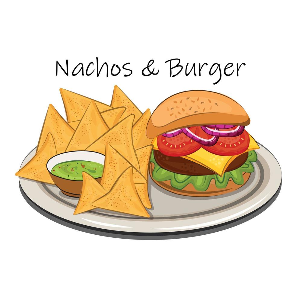 cucina messicana americana, cibo. illustrazione piatta vettoriale isolata su sfondo bianco. set nachos hamburger hamburger e salsa guacamole. foto di scorta. per i menu e le locandine dei ristoranti. siti di consegna