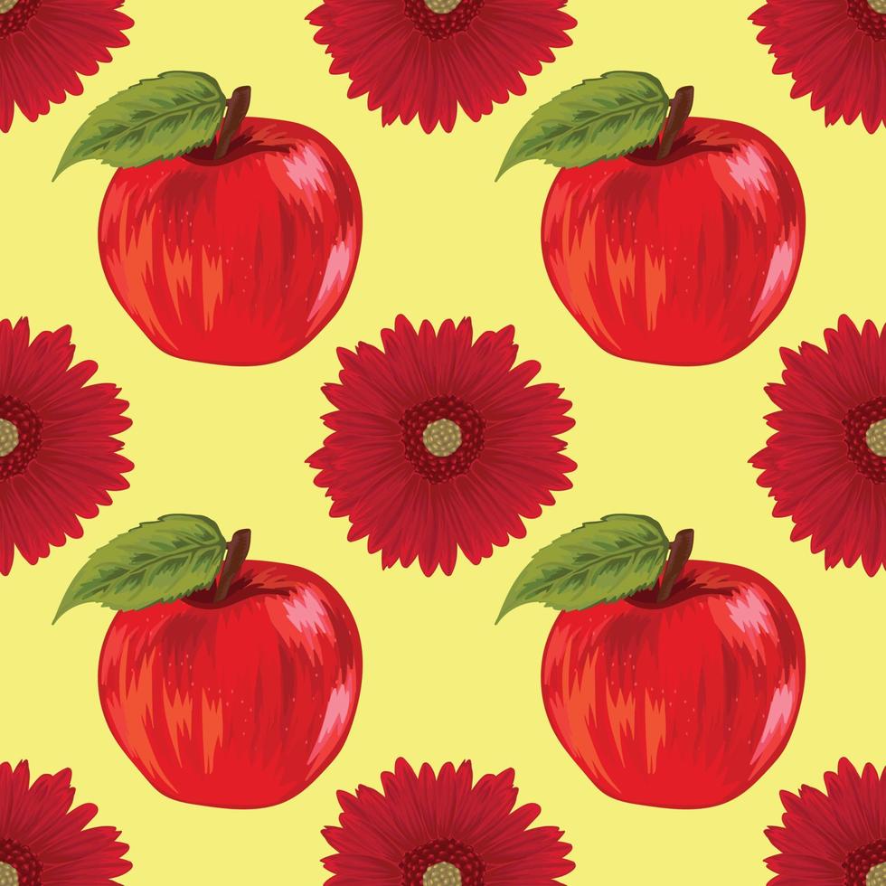 mela e fiore rosso disegnano a mano il modello senza cuciture della frutta vettore
