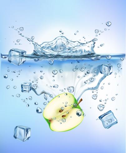 verdure fresche spruzzi di ghiaccio in acqua blu chiaro spruzzi sano cibo dieta freschezza concetto isolato sfondo bianco. Illustrazione vettoriale realistico.