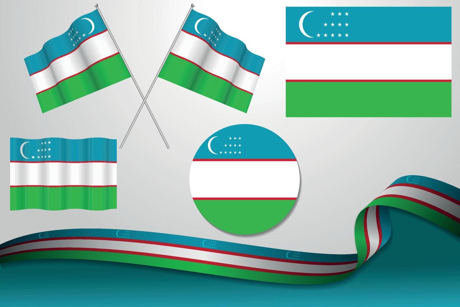 set di bandiere dell'uzbekistan in diversi design icona sventola bandiere con nastro con sfondo. vettore