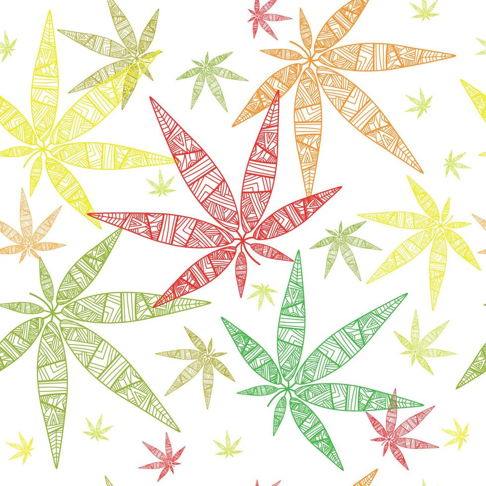 illustrazione moderna con motivo senza cuciture di cannabis colorata su sfondo bianco motivo di canapa senza cuciture astratto. decorazione d'arte naturale. carta da parati e disegno vettoriale tessile