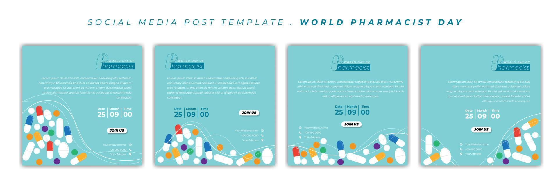 set di modello di post sui social media con design di sfondo di droghe. design della giornata mondiale del farmacista. vettore