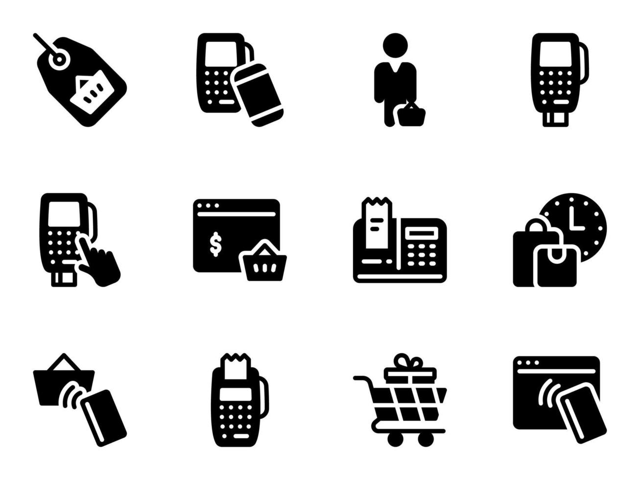 set di icone vettoriali nere, isolate su sfondo bianco. illustrazione piatta su un tema shopping online, acquirente