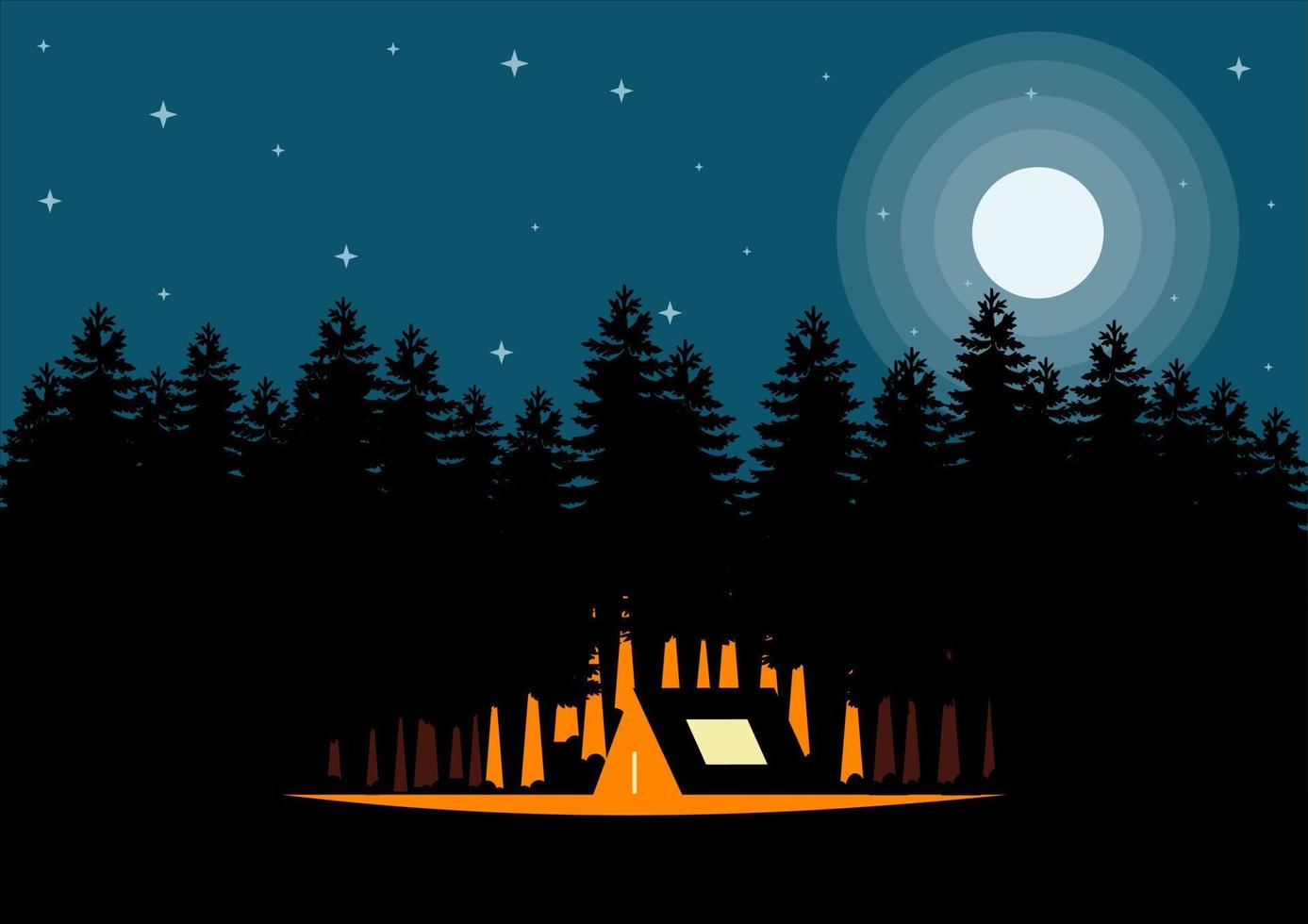 illustrazione del paesaggio notturno in stile piatto con tenda, falò, montagne, foresta e luna piena. sfondo per concetto di design all'aperto, alpinismo, campo estivo, turismo naturalistico, campeggio o escursionismo. vettore