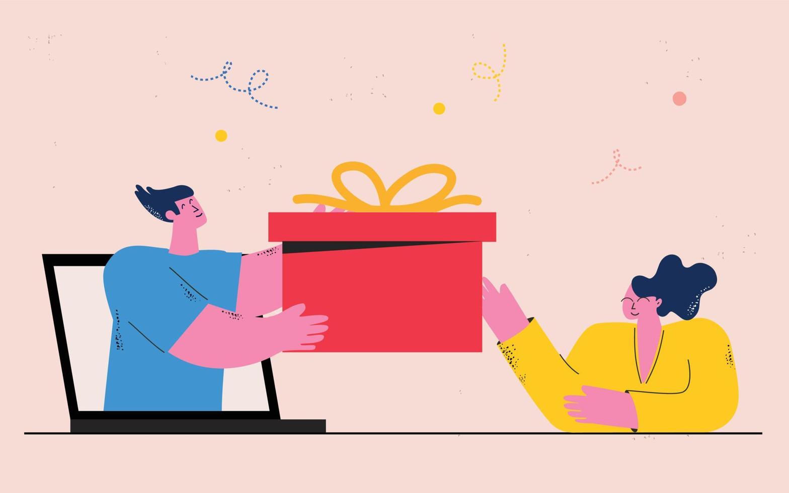 uomo che dà una scatola regalo a una donna, shopping online, design di illustrazione vettoriale piatta per la consegna di pacchi per grafica mobile e web
