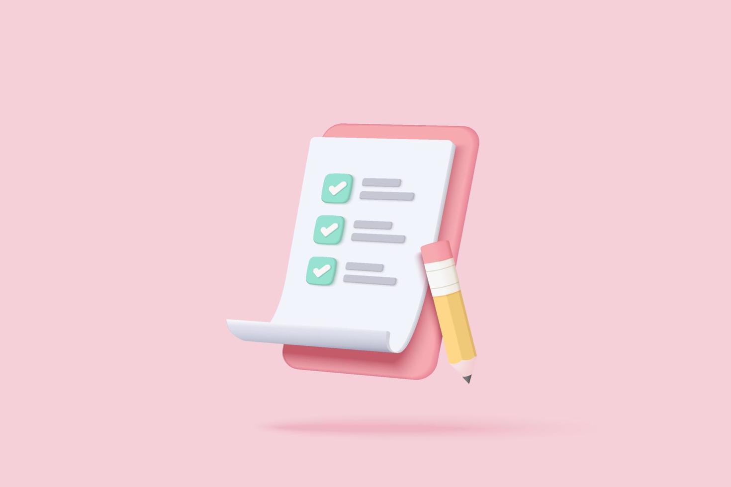 3d white clipboard task management todo check list con matita, lavoro efficiente sul piano del progetto, avanzamento rapido, concetto di level up, assegnazione ed icona checklist dell'esame. rendering vettoriale 3d su sfondo rosa