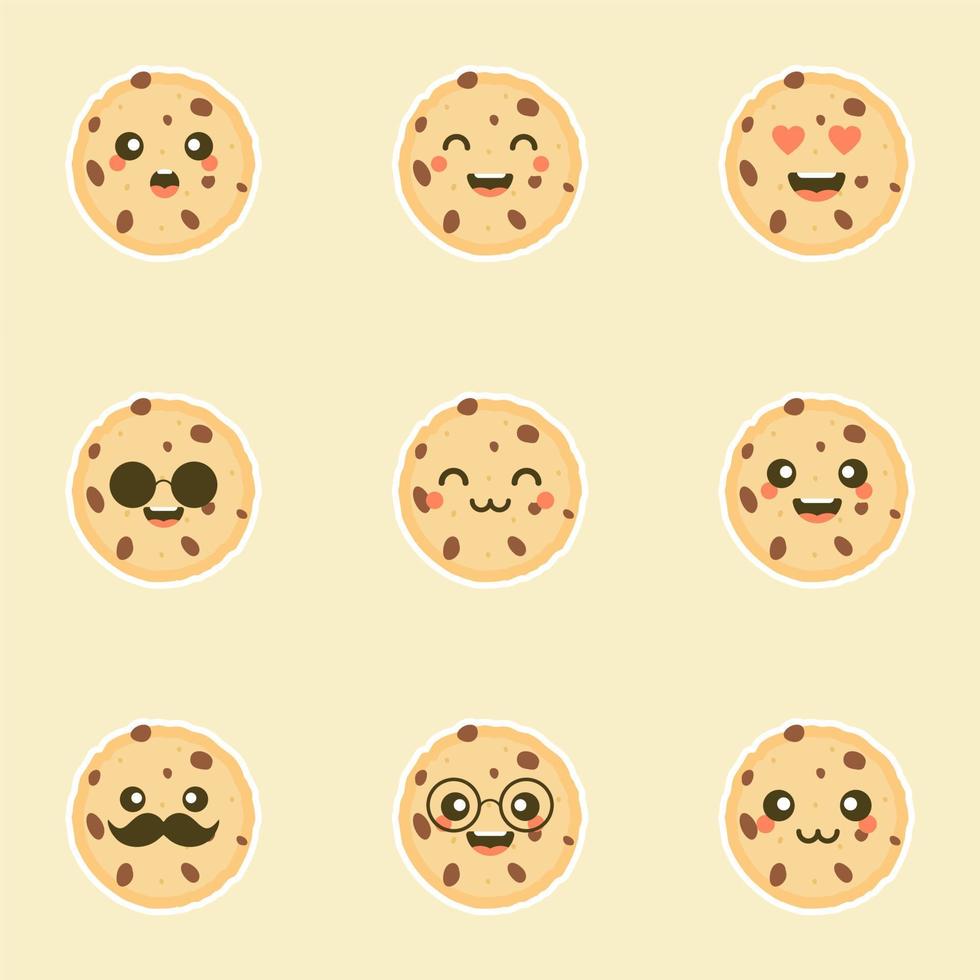 personaggio simpatico cartone animato biscotto con gocce di cioccolato con faccia buffa. illustrazione vettoriale della mascotte del biscotto felice carina isolata su bianco. concetto di design del menu per bambini. emoticon di cibo per il viso sorridente e sorpreso