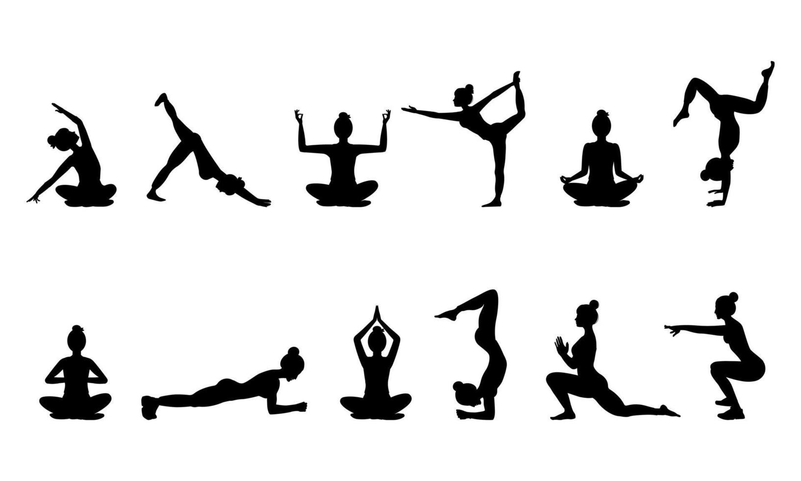 set di sagome nere di donna in diverse pose yoga, isolate su sfondo bianco. le donne praticano la meditazione e lo stretching. complesso yoga. concetto di stile di vita sano vettore