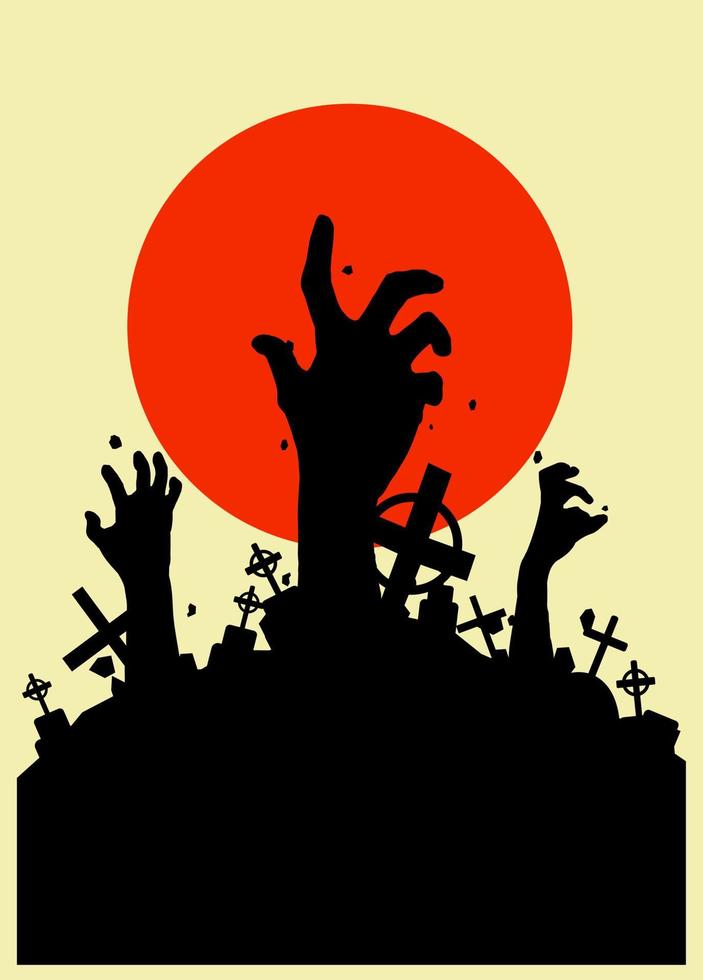 illustrazione vettoriale, sfondo di halloween horror, silhouette di mani di zombi escono da terra o il cimitero in cima c'è una luna piena, può essere utilizzato per carta, poster, banner, invito vettore
