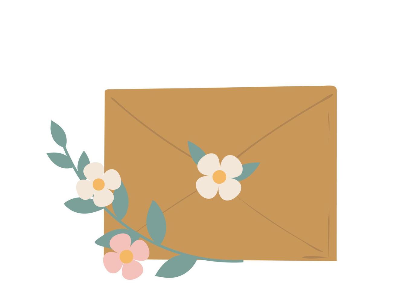 illustrazione di una bella busta con fiori. carino doodle vettoriale, biglietto di auguri. un ramo con fiori in una busta chiusa. carta artigianale, ciao primavera. vettore