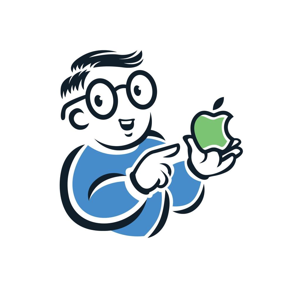 mascotte del logo del personaggio del ragazzo geek con l'illustrazione di vettore della frutta della mela