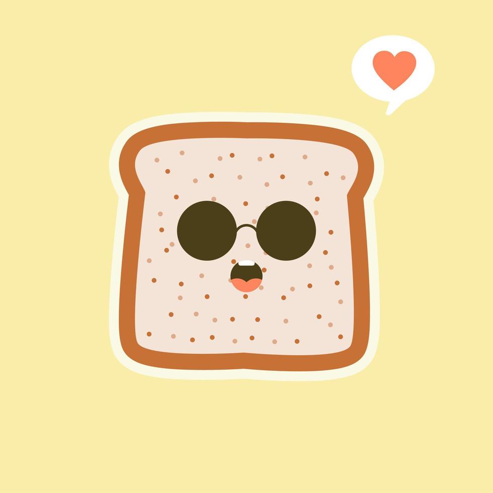 vettore divertente cartone animato carino pane affettato carattere isolato su sfondo colorato. mascotte etichetta panetteria. icona di illustrazione del personaggio dei cartoni animati piatto vettoriale. toast, carta del buongiorno, concetto di colazione