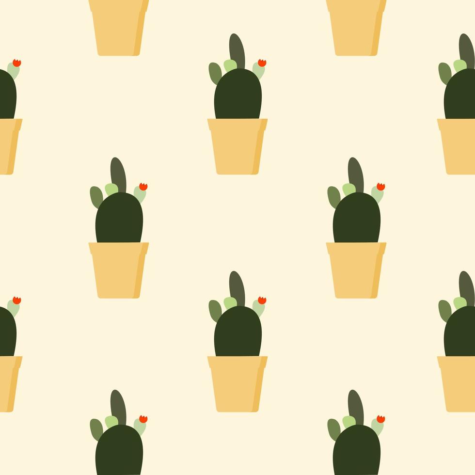 motivo cactus senza cuciture, succulento in vaso su sfondo di colore tenue. per tessuto, imballaggio, scatola, cartone, carta da imballaggio. vettore di stile cartone animato. cactus design piatto su colori pastello