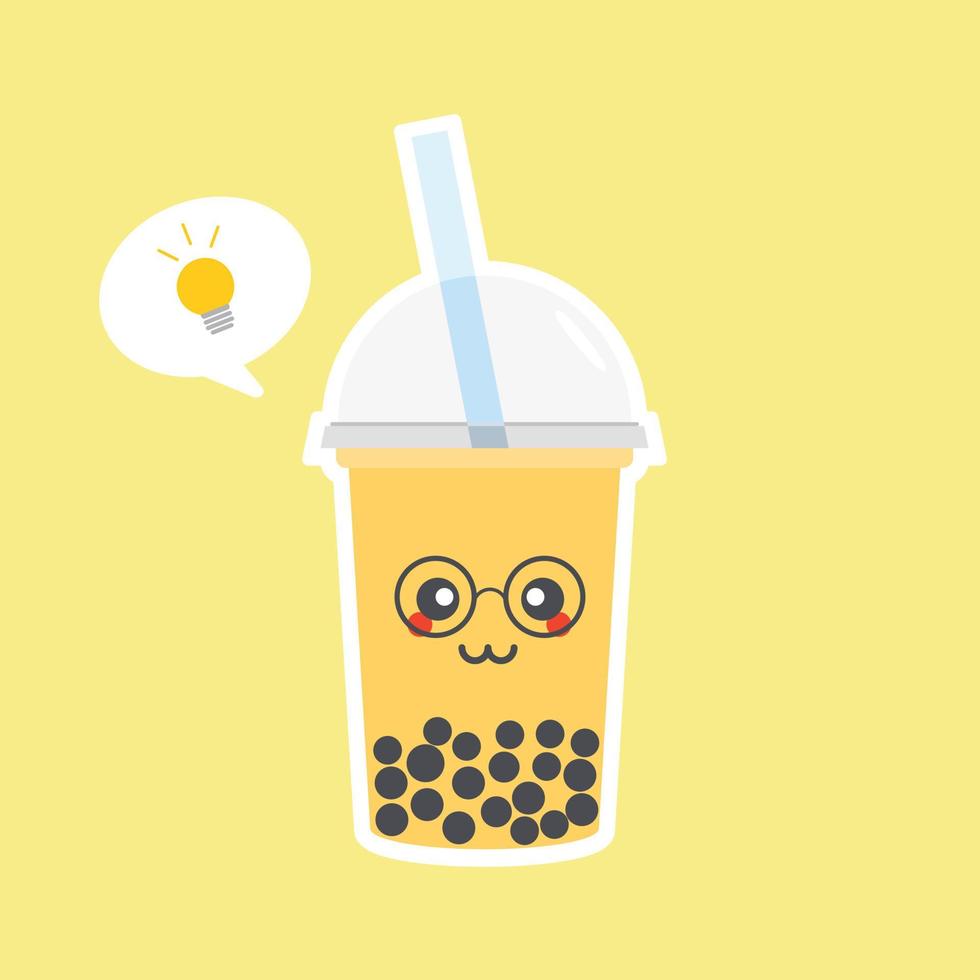 simpatico tè al latte boba bubble con tapioca. il tè al latte perlato, le deliziose perle nere è famoso a Taiwan. bevanda popolare. schizzo di illustrazione vettoriale. personaggio dei cartoni animati. adesivo carino. emoji dei cartoni animati kawaii. vettore