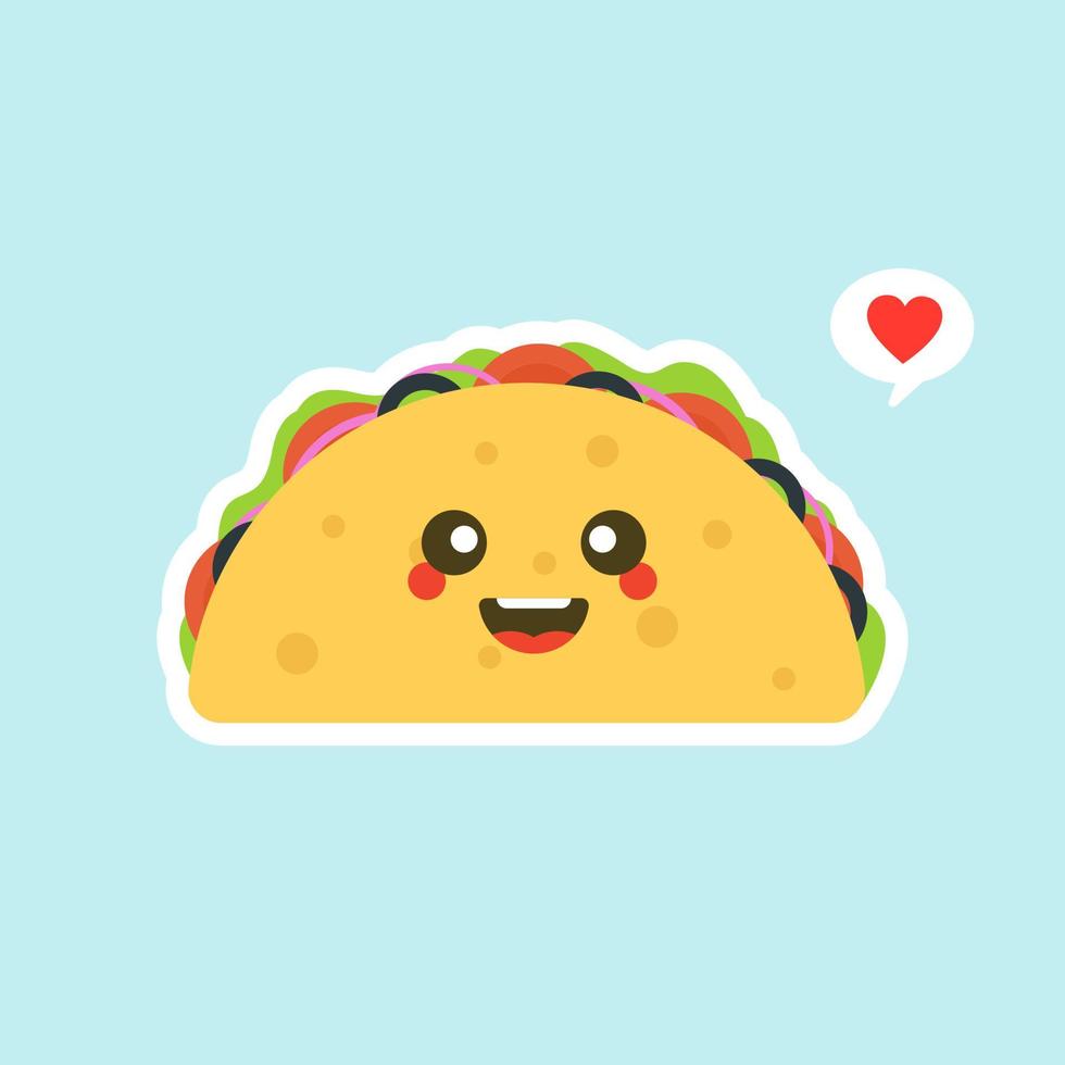 illustrazione vettoriale con tacos messicani cibo kawaii. la tortilla sta per diventare tacos. simpatico cartone animato isolato su sfondo colorato.