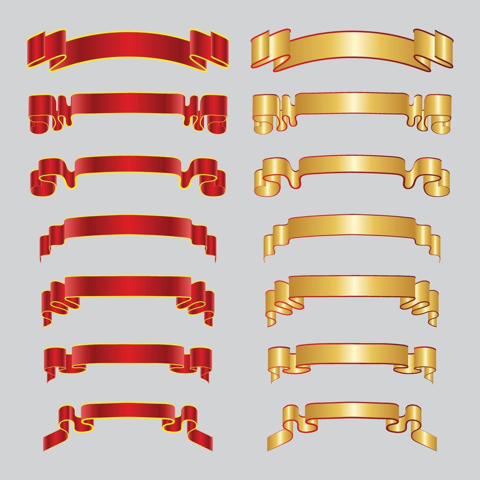 insieme astratto di vettore del nastro della bandiera dell'annata. modello realistico di cornice di scorrimento lucido rosso e oro