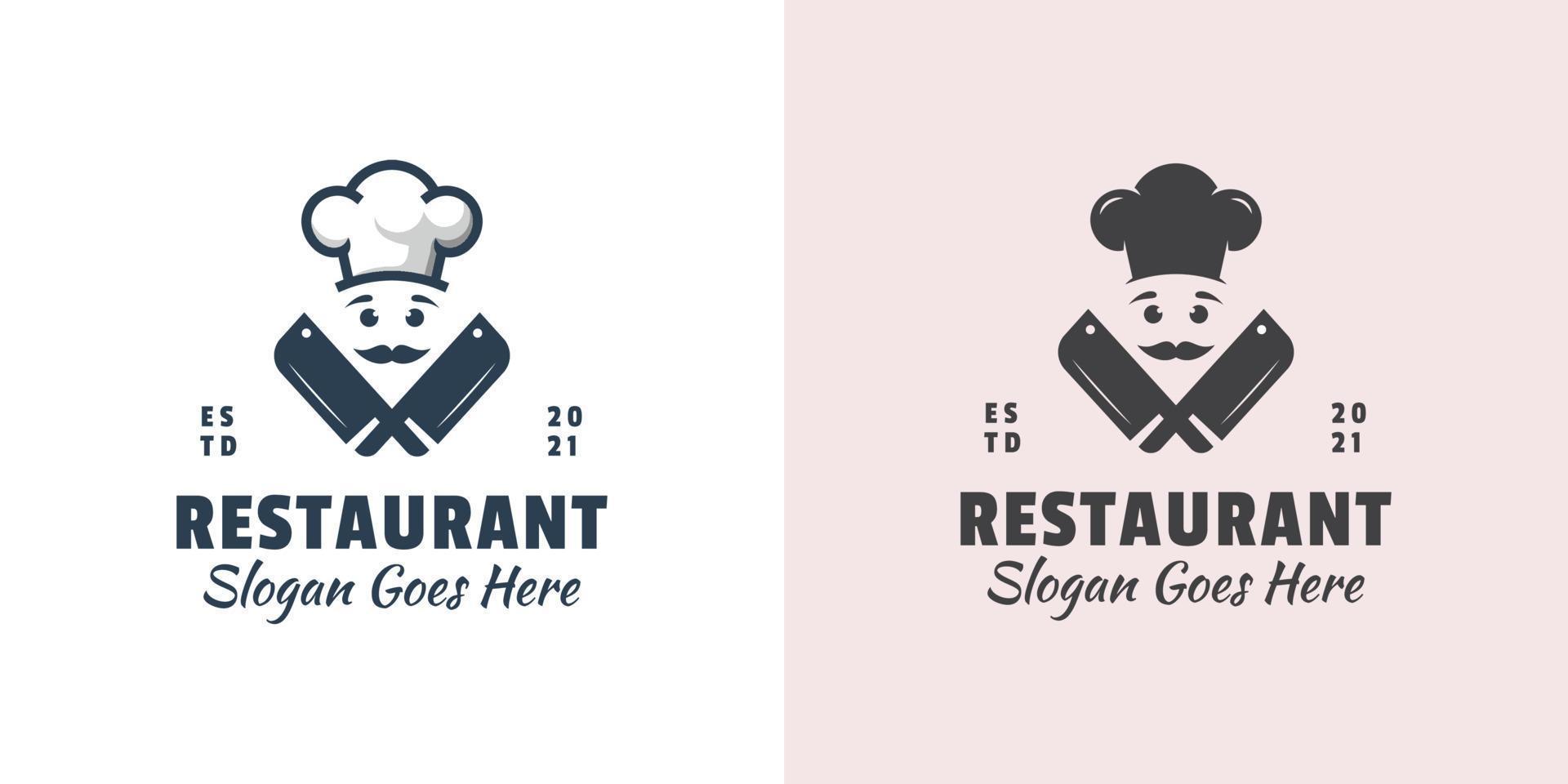 master chef vintage retrò con icona di macelleria per cucinare il modello di logo del ristorante di carne vettore