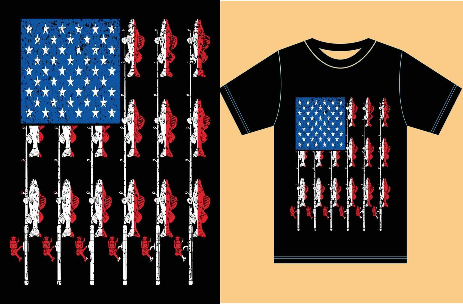 t-shirt amante della pesca con la canna da pesca bandiera americana. maglietta da pesca vintage. disegno eps. vettore