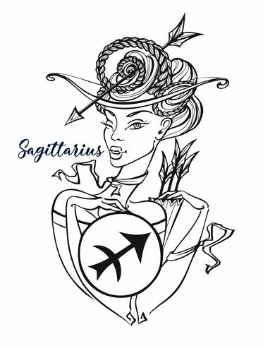 Segno zodiacale Sagittario una bella ragazza. Oroscopo. Astrologia. Colorazione. Vettore. vettore