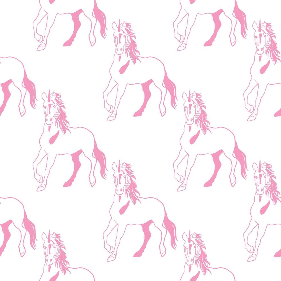 moderna linea arte con motivo linea rosa unicorni su sfondo bianco. fantasia colore rosa pastello. schizzo di moda. illustrazione vettoriale animale.
