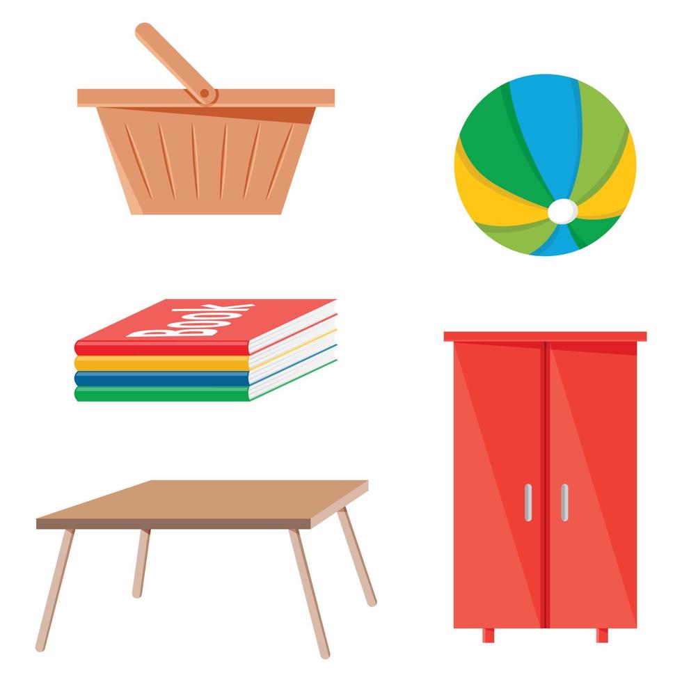 set di vari oggetti: cestino, libro, tavolo, palla e armadio vettore