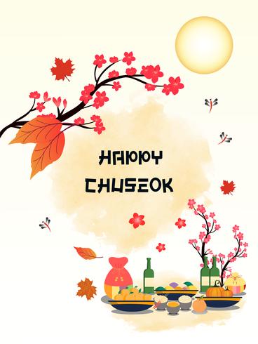 Insegna di Chuseok design.persimmon albero sul fondo di vista della luna piena. vettore