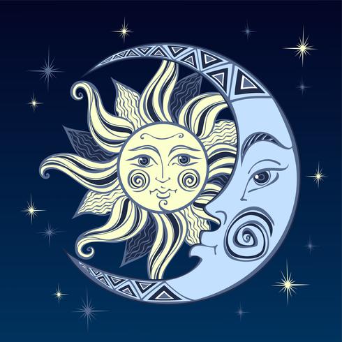 La luna e il sole Antico simbolo astrologico. Incisione. Stile Boho. Etnica. Il simbolo dello zodiaco. Mistico. Vettore. vettore