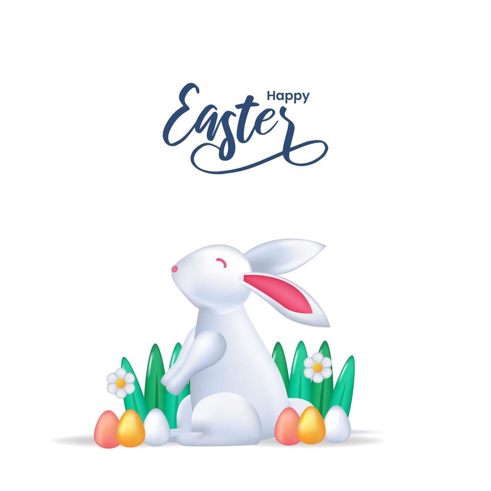 felice giorno di pasqua lettering con coniglietto carino 3d con illustrazione di concetto di primavera di uova ed erba vettore