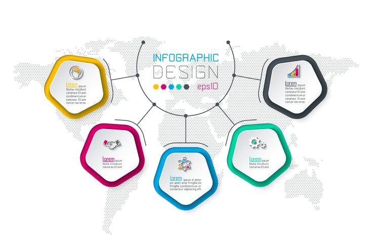 I pentagoni etichettano l&#39;infografica con cinque punti. vettore