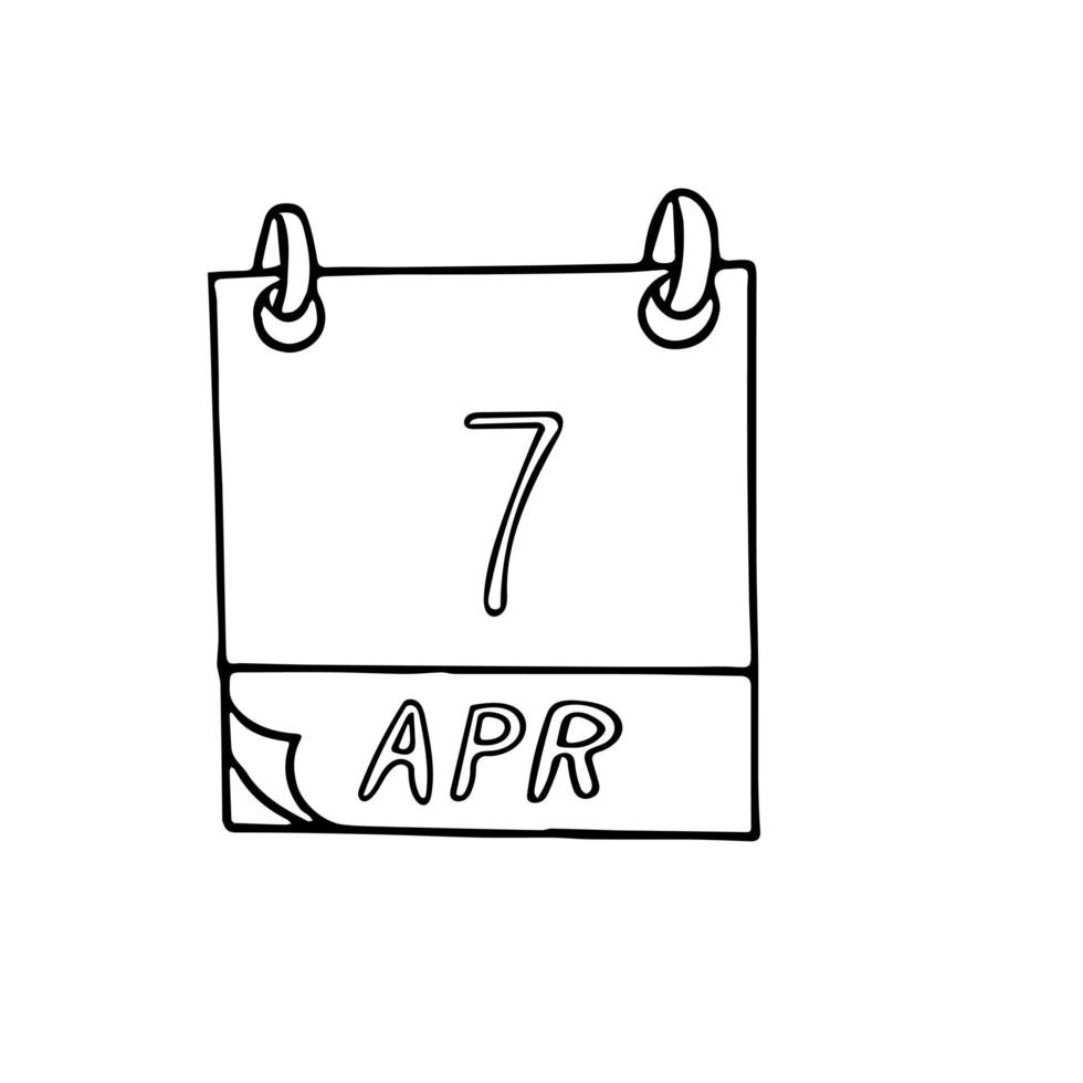 calendario disegnato a mano in stile doodle. 7 aprile. Giornata mondiale della salute, data. icona, elemento adesivo per il design. pianificazione, affari, vacanze vettore