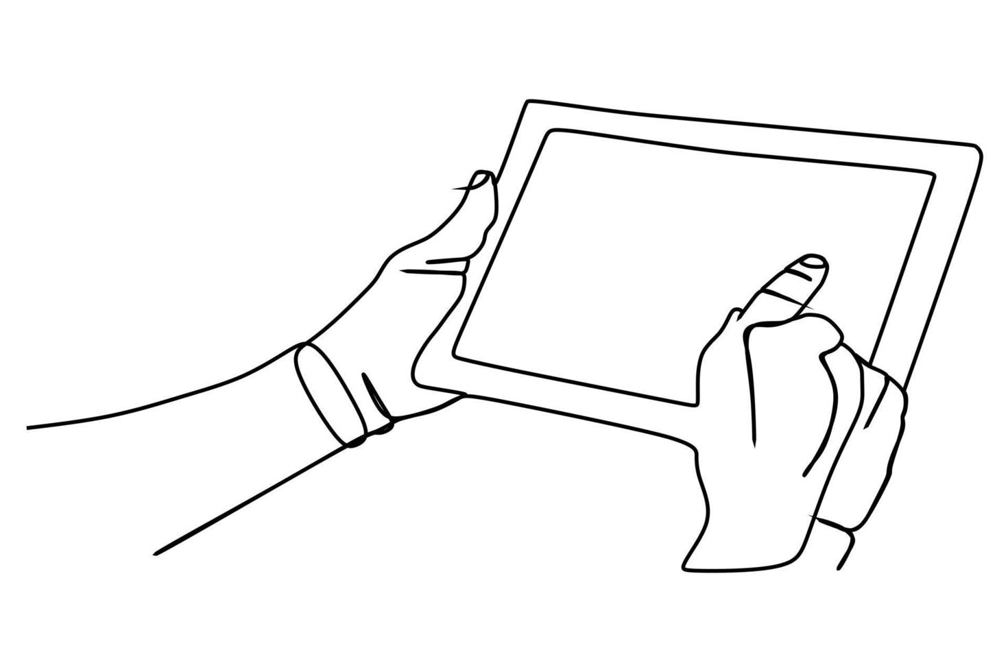 un disegno a linea continua di computer tablet o smartphone con mano. design moderno e semplice. illustrazione vettoriale minimalismo design intelligente tecnologia mobile tema.