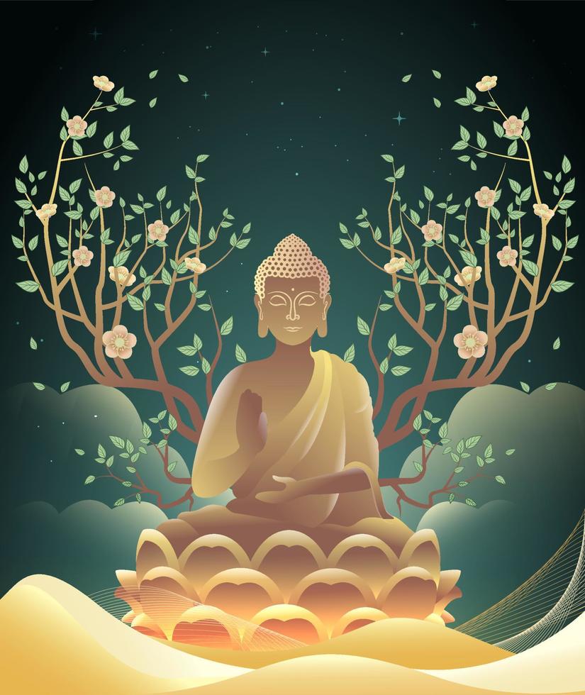 concetto creativo del giorno di vesak per carta o banner. buona giornata del buddha con la statua di siddhartha gautama vettore