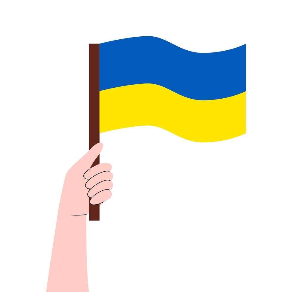 la mano tiene una bandiera con l'ucraino. no guerra. manifestazione contro la guerra. sostegno per l'Ucraina. illustrazione vettoriale isolato su sfondo bianco