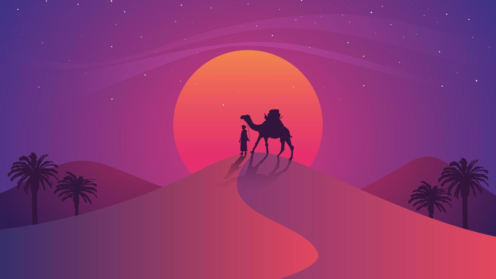 illustrazione di un uomo che cammina con un cammello in un deserto. sfondo e banner ramadan il mese santo. vettore