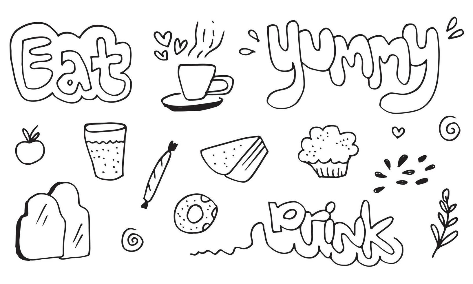 set di cibo doodle disegnato a mano con testo lettering mangiare, bere e delizioso. vettore
