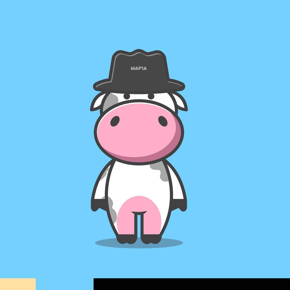 illustrazione di mucca carina con cappello mafioso vettore
