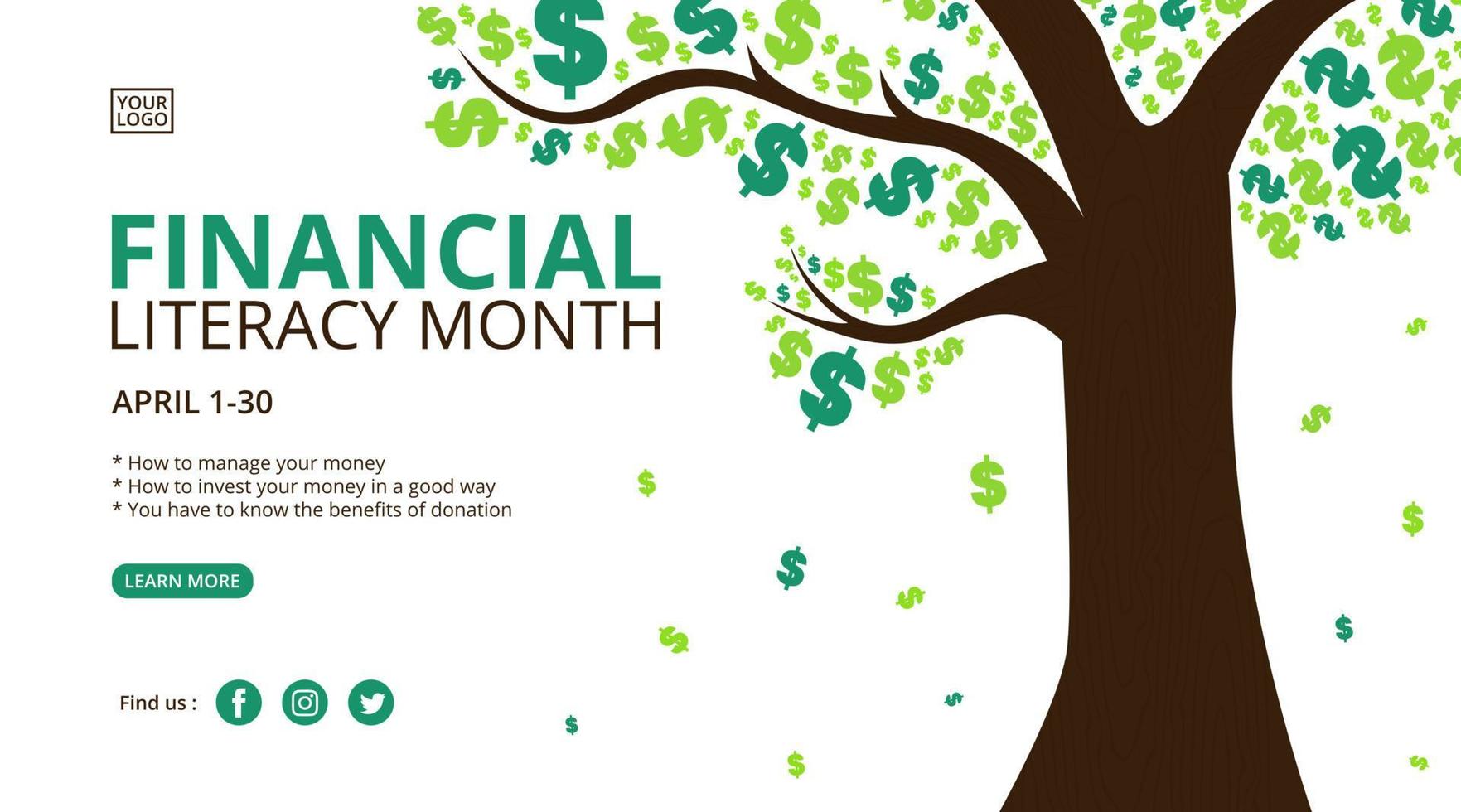 aprile è il disegno di sfondo del mese di alfabetizzazione finanziaria con un'illustrazione dell'albero dei profitti vettore